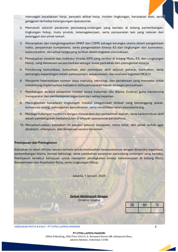 Kebijakan MUTU & K3LH PT CLM